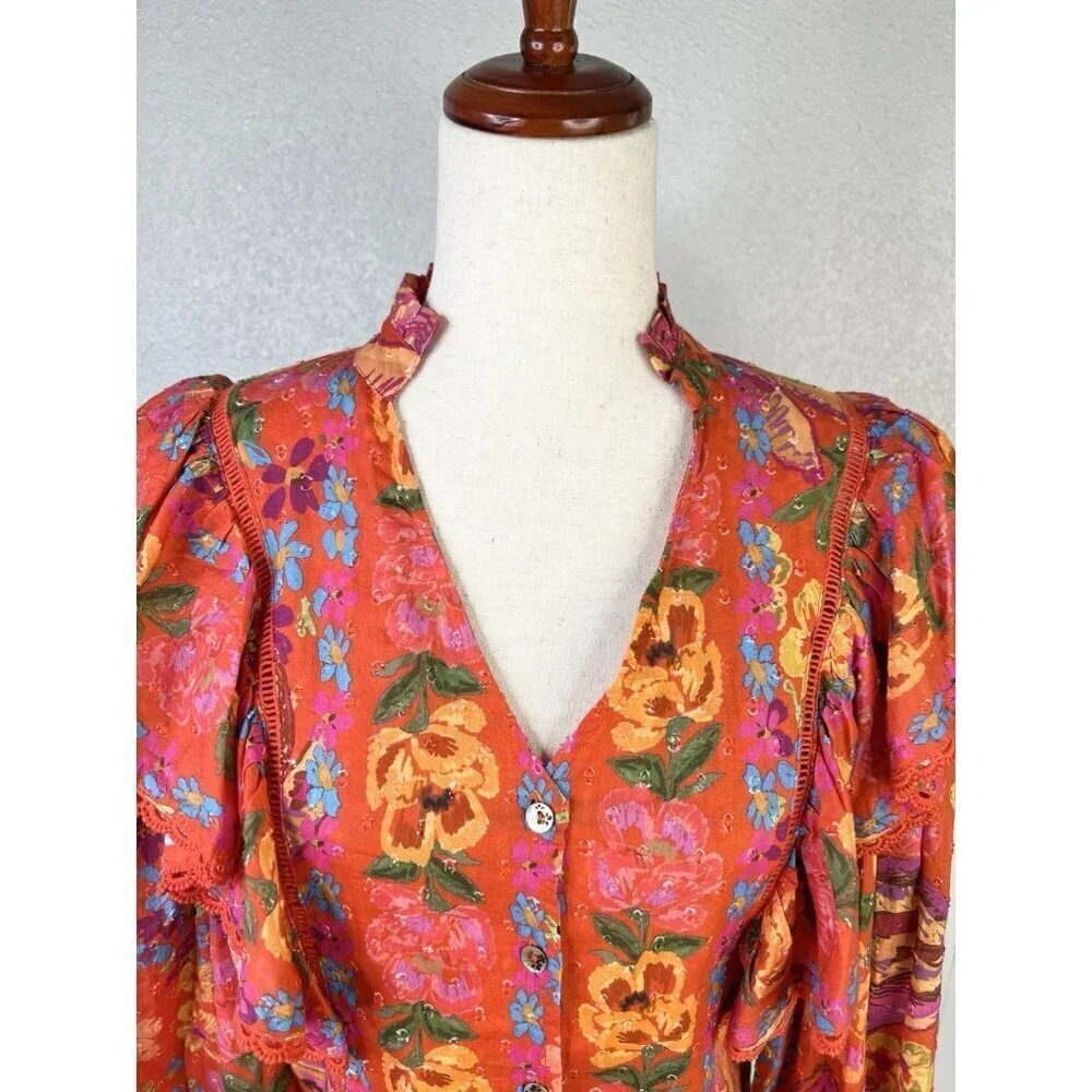 Farm Rio Top Spring Banana XS Floral Ruffle Puff Sleeve Boho Artsy Vacation